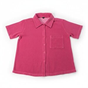 MONROW Pink Terry Cloth Button Down Shirt‎ S Short Sleeve Knit Top Made in USA